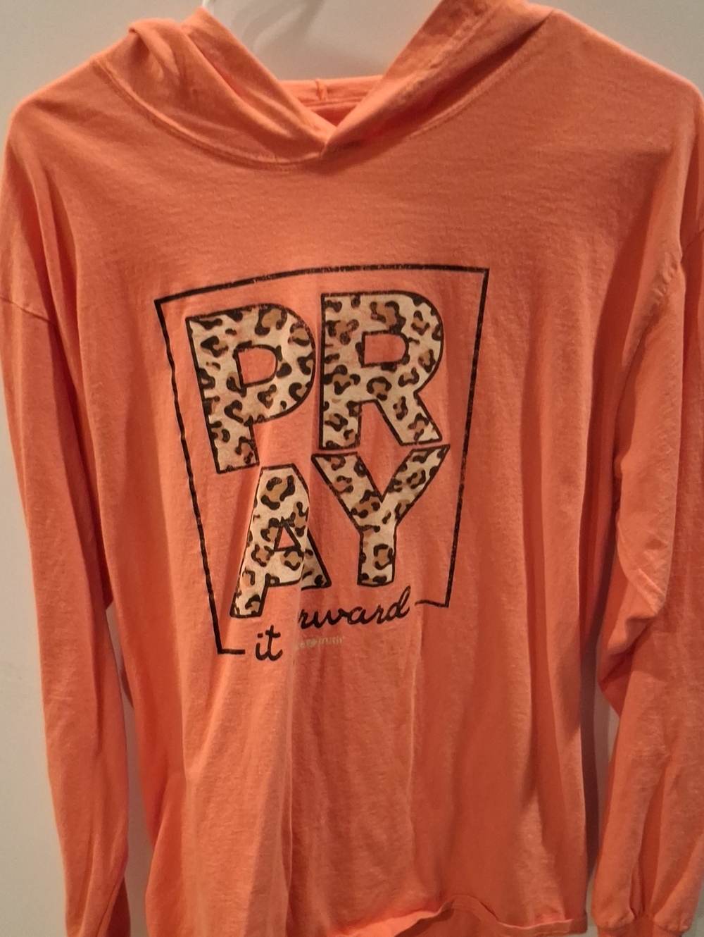 Womens Peach Hooded Long-Sleeve Tee with Leopard 'PRAY' Graphic
